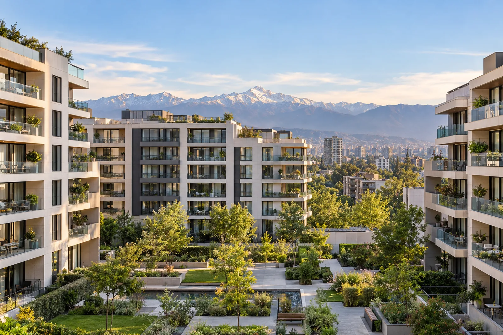 Conjunto residencial moderno con jardines y la cordillera de los Andes al fondo